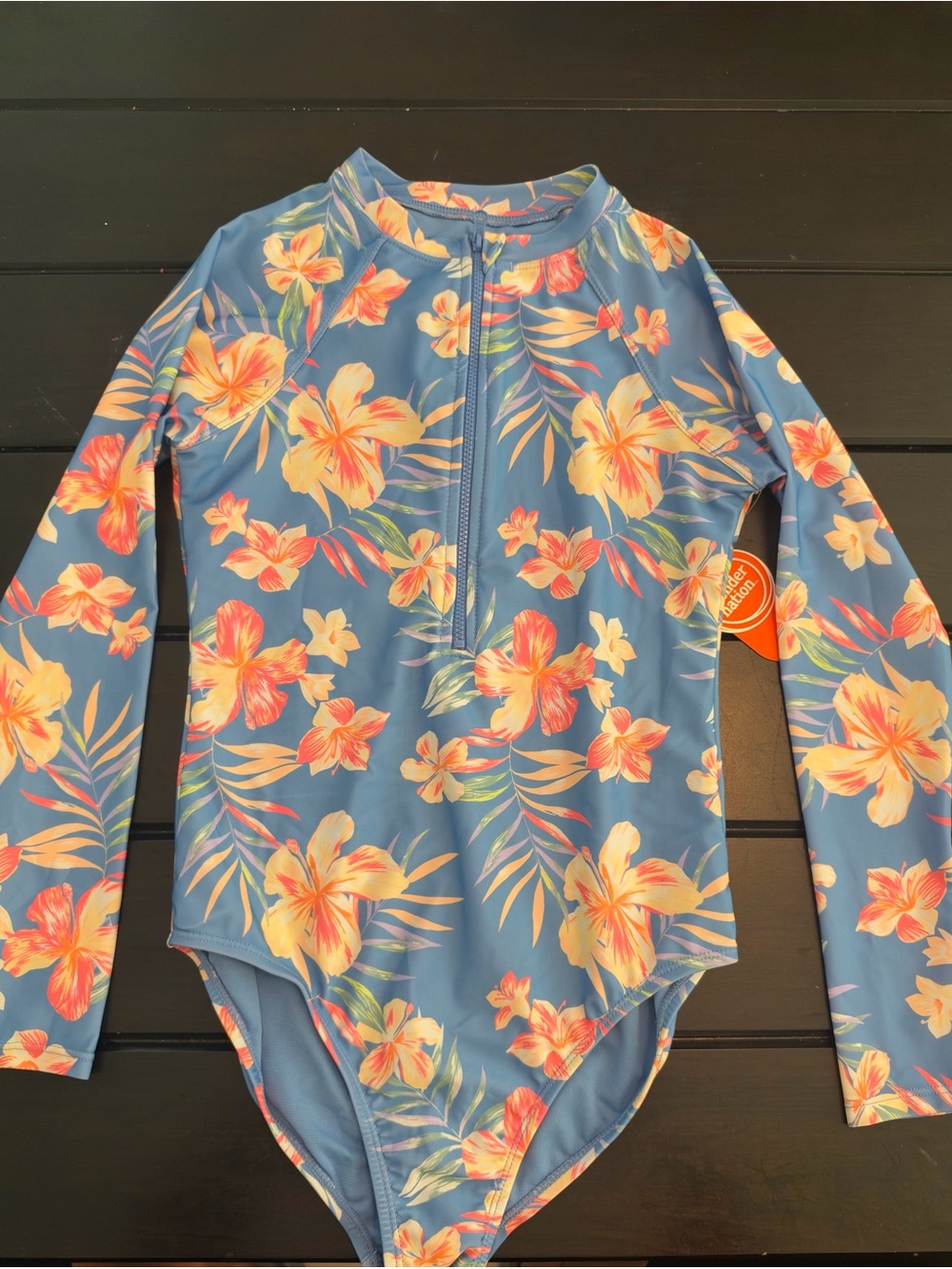 Kids Blue Floral Long Sleeve Zip-Front Rash Guard Swimsuit